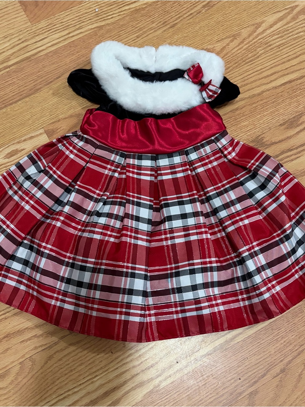 Red Plaid Holiday Party Dress with Faux Fur Trim